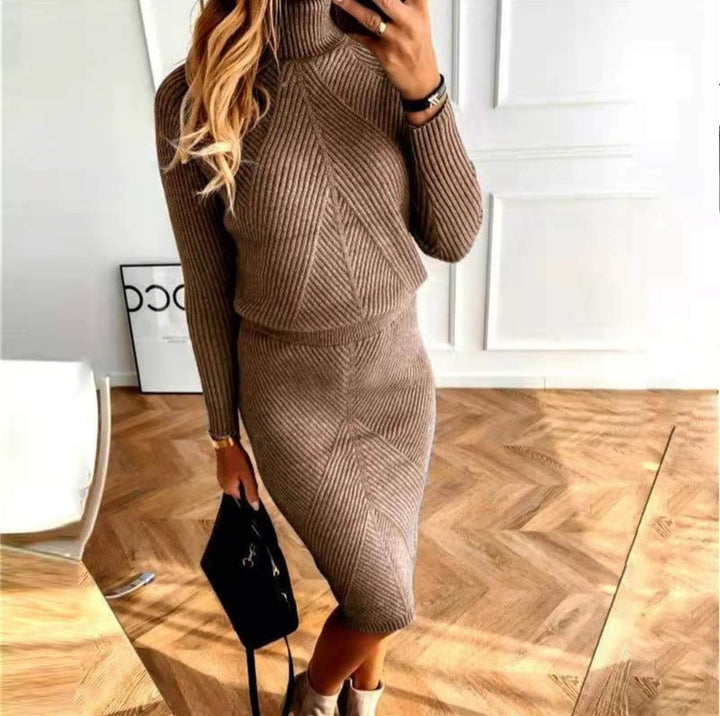 Emmeline | Women's Ribbed Knit Roll Neck Midi Jumper Dress Long Sleeve