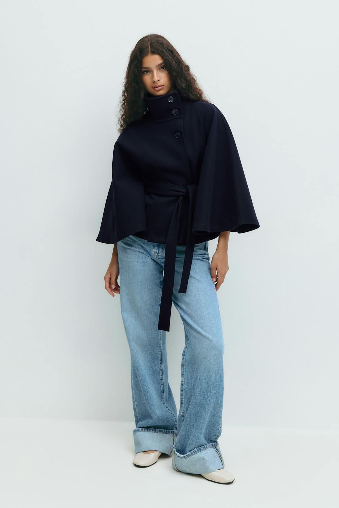 Women’s Belted Cape Coat – High Collar Layer for Autumn and Winter