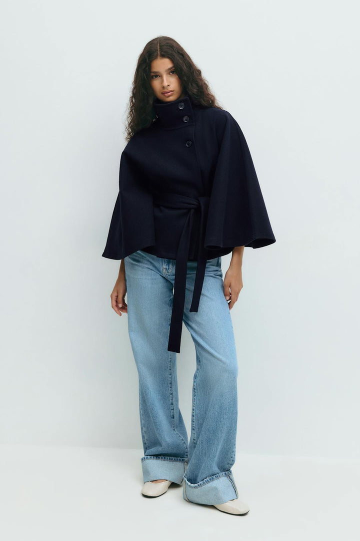 Women’s Belted Cape Coat – High Collar Layer for Autumn and Winter