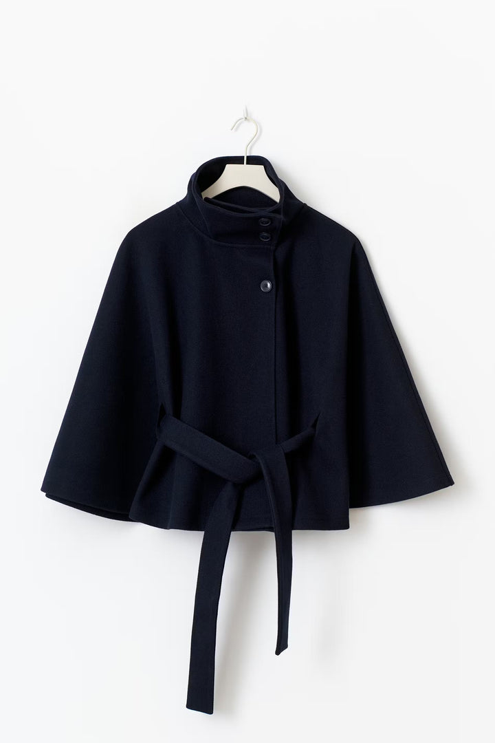 Women’s Belted Cape Coat – High Collar Layer for Autumn and Winter
