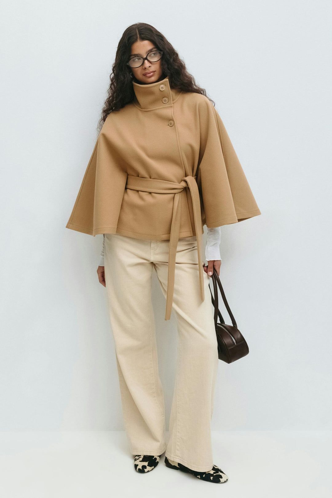 Women’s Belted Cape Coat – High Collar Layer for Autumn and Winter