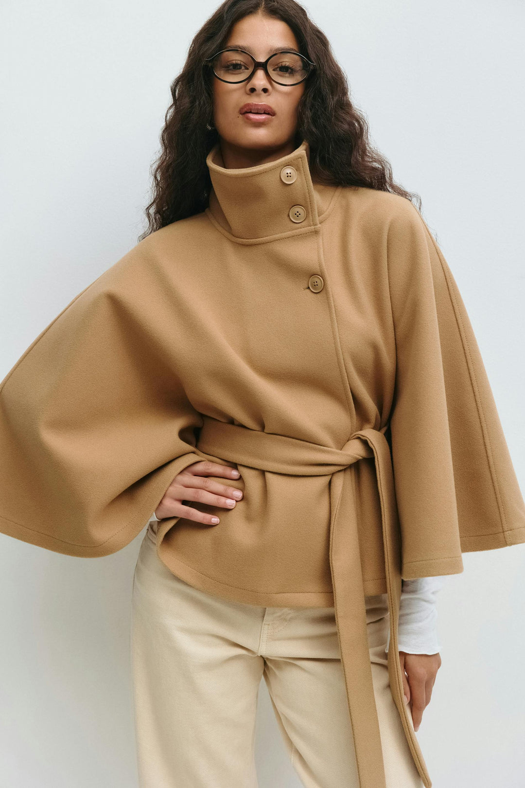 Women’s Belted Cape Coat – High Collar Layer for Autumn and Winter