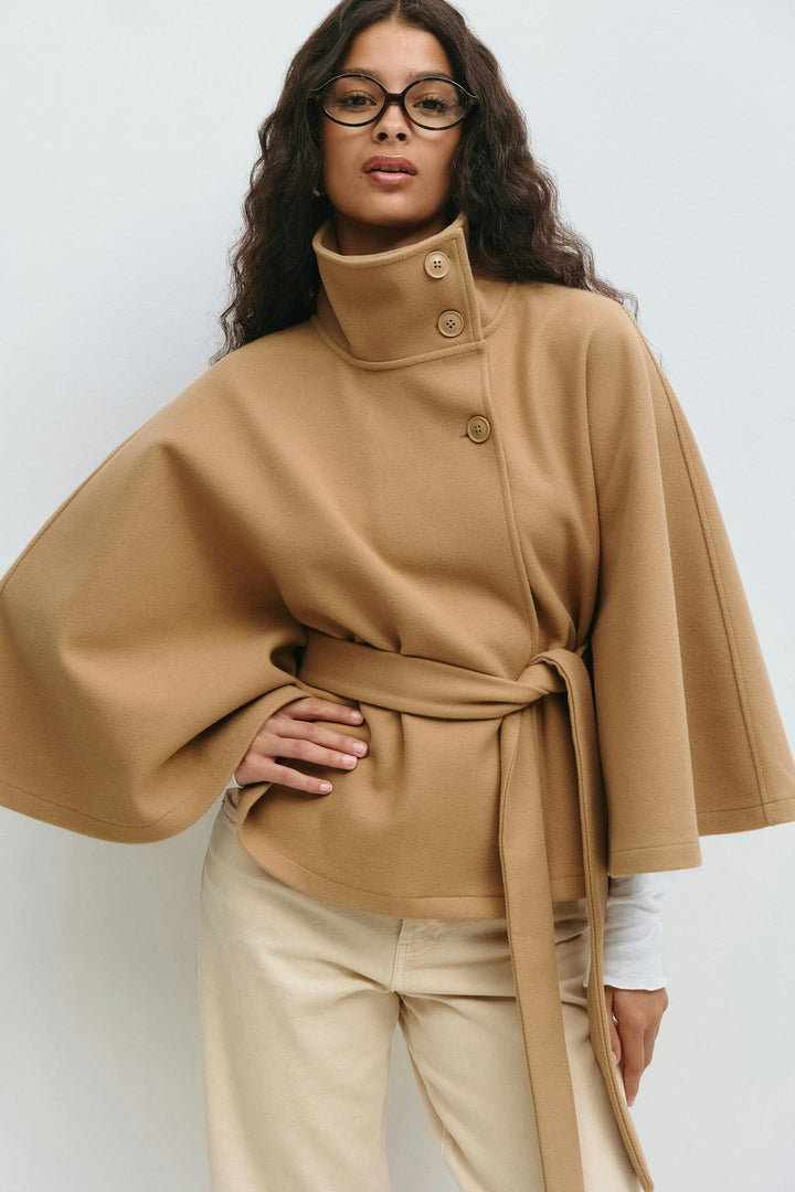 Women’s Belted Cape Coat – High Collar Layer for Autumn and Winter