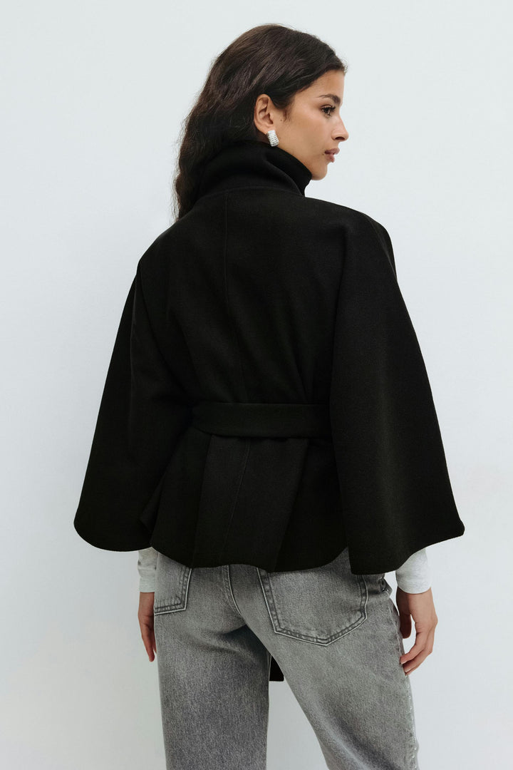 Women’s Belted Cape Coat – High Collar Layer for Autumn and Winter