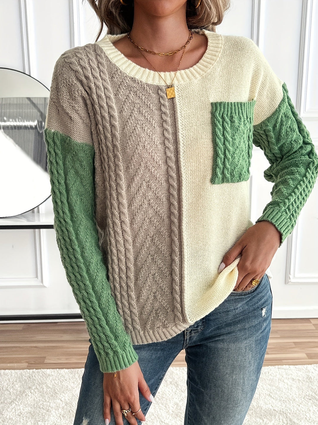 Delia | Women's Two-Tone Cable Knit Jumper Crew Neck Front Pocket