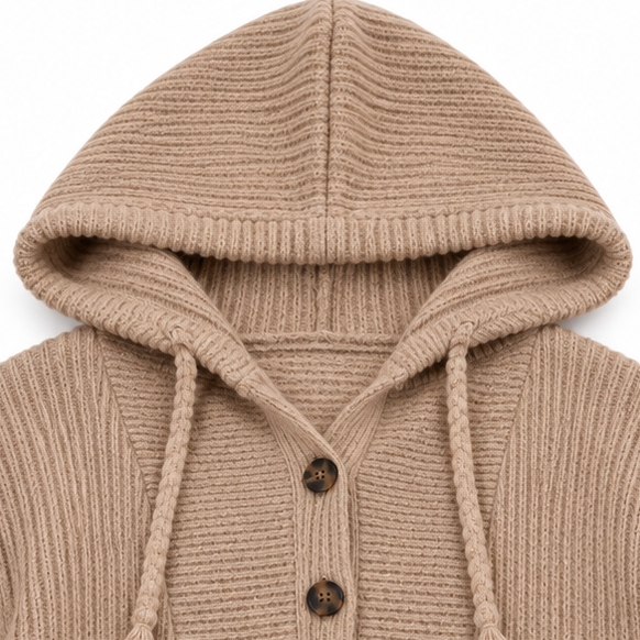Sofia | Women's Hooded Ribbed Knitted Jumper Button Neck