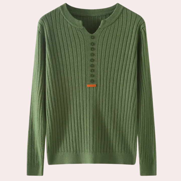 Orla | Women's Ribbed Knit Jumper Notched Neck Button Placket