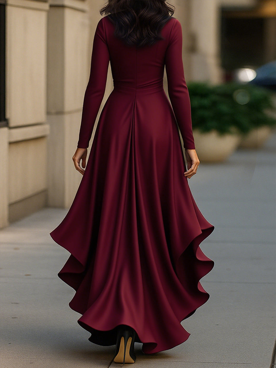 Midnight Blue Satin Maxi Dress | Draped Wrap Style | Ruffle Hem | Elegant Evening Look