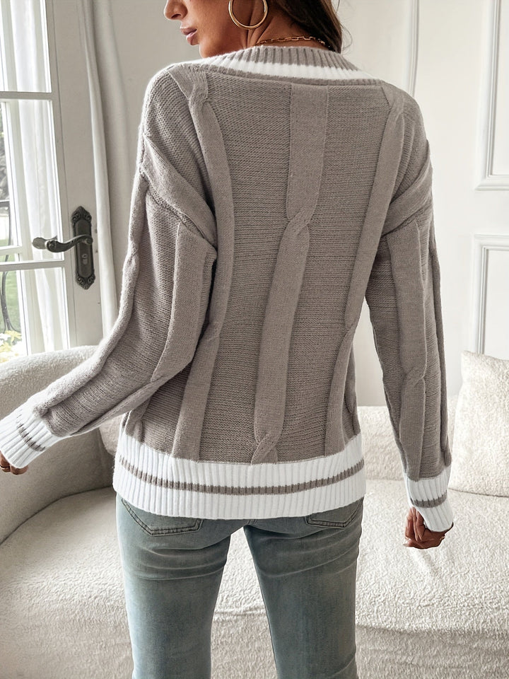 Bertrun | Women's Deep V-Neck Jumper Contrast Tipping Ribbed Knit