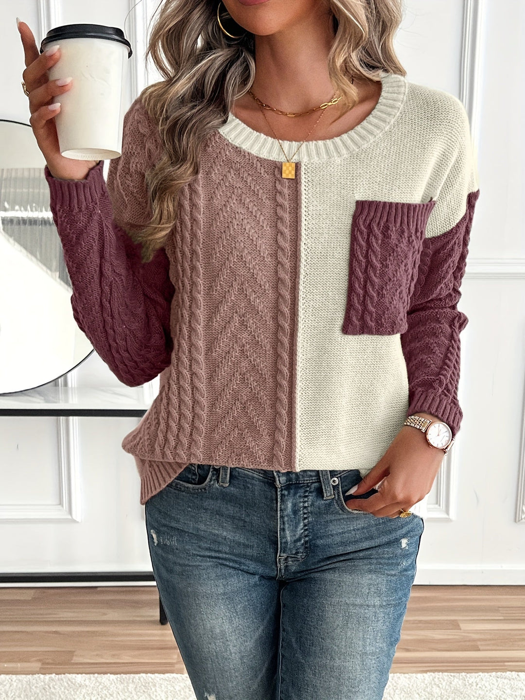 Delia | Women's Two-Tone Cable Knit Jumper Crew Neck Front Pocket