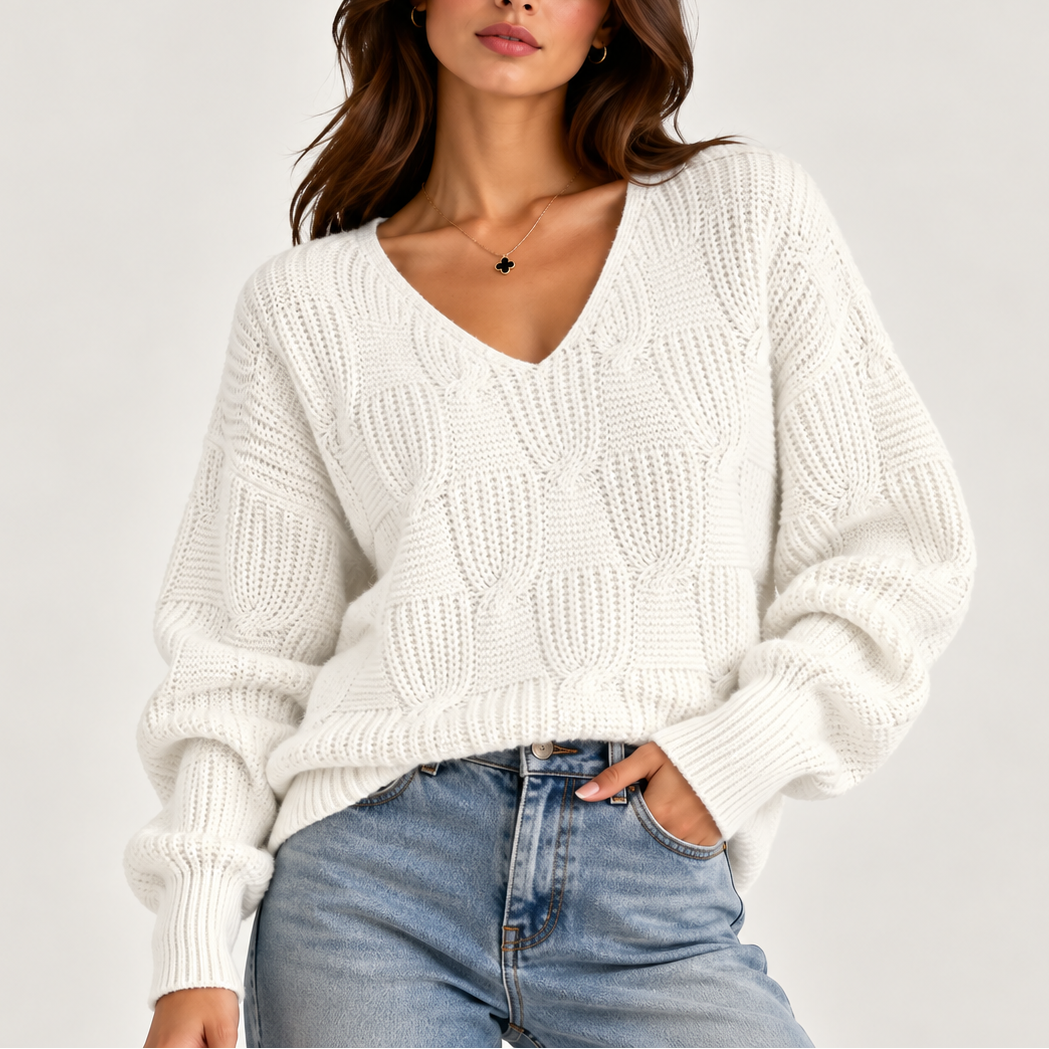 Abigail | Women's Oversized Cable Knit V-Neck Jumper Ribbed Cuffs