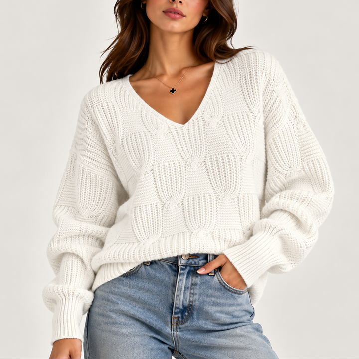 Abigail | Women's Oversized Cable Knit V-Neck Jumper Ribbed Cuffs