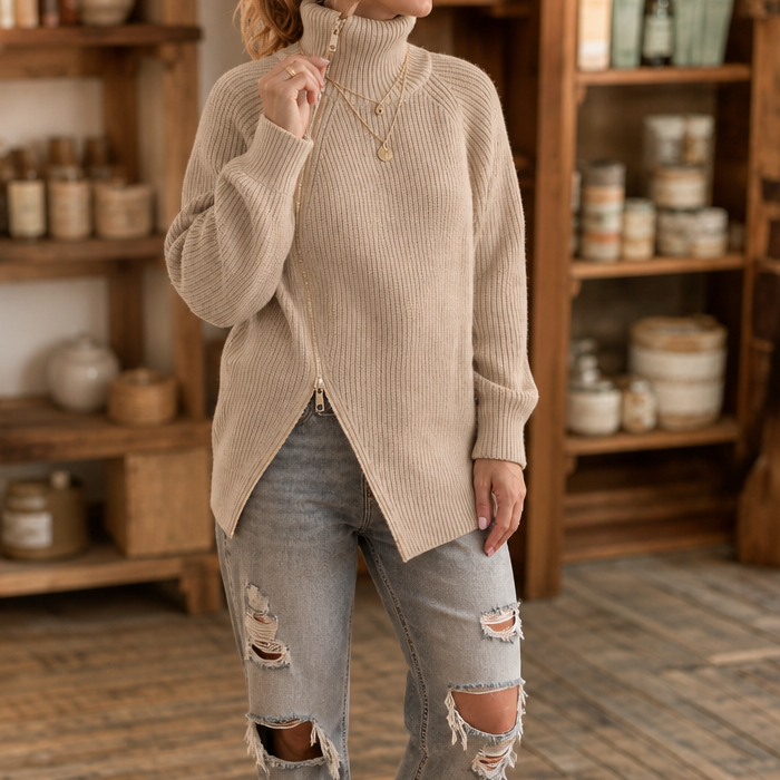 Amelia | Women's Knitted Jumper Asymmetric Diagonal Zip Neckline
