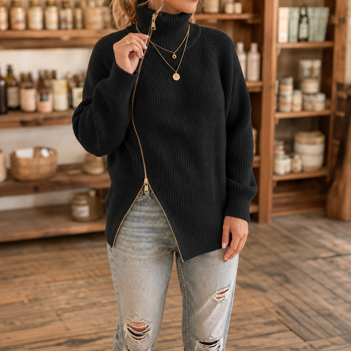Amelia | Women's Knitted Jumper Asymmetric Diagonal Zip Neckline