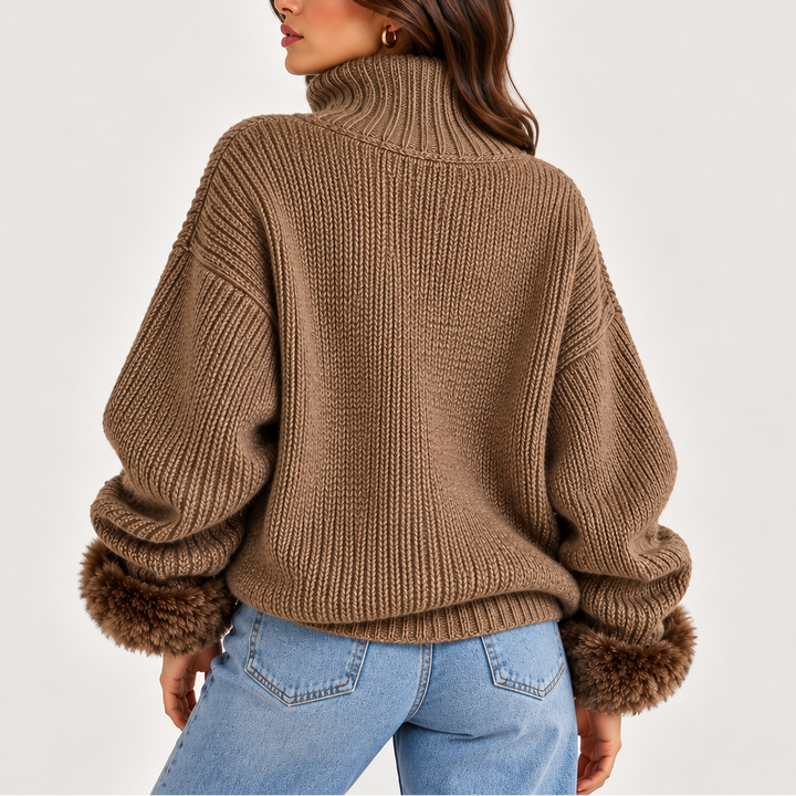 Naomi | Women's Oversized Half-Zip Knit Jumper with Faux Fur Cuffs