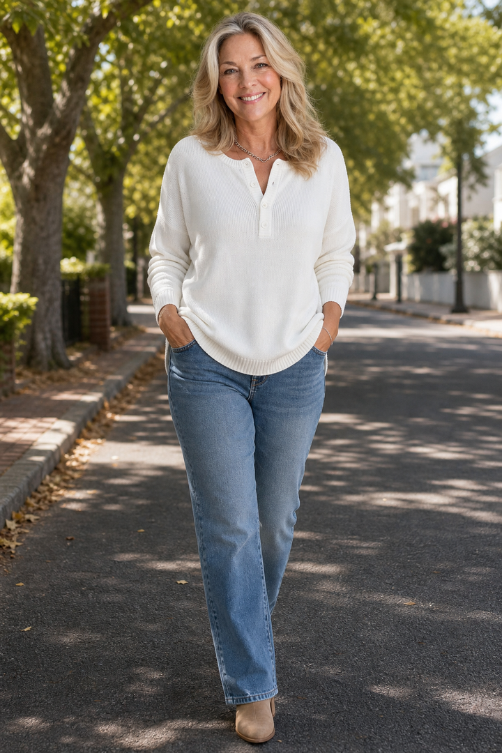 Vanessa | Women's Cotton V-Neck Jumper Button Detail Ribbed Trims