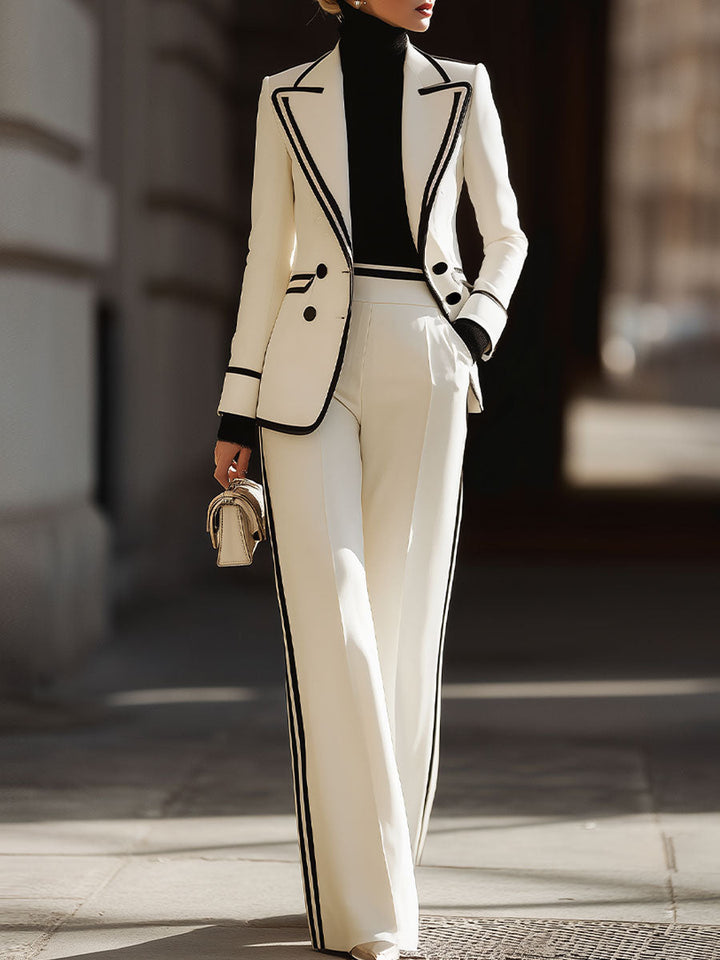 White Double-Breasted Suit Set | Black Contrast Trim | Tailored Power Look | Modern Elegance