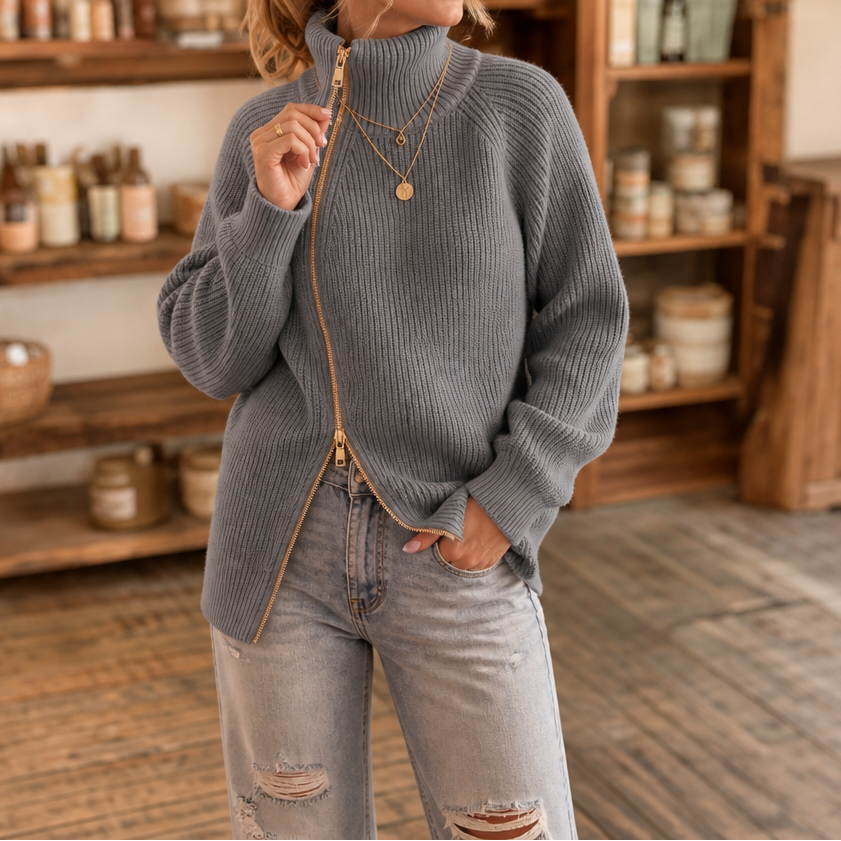 Amelia | Women's Knitted Jumper Asymmetric Diagonal Zip Neckline