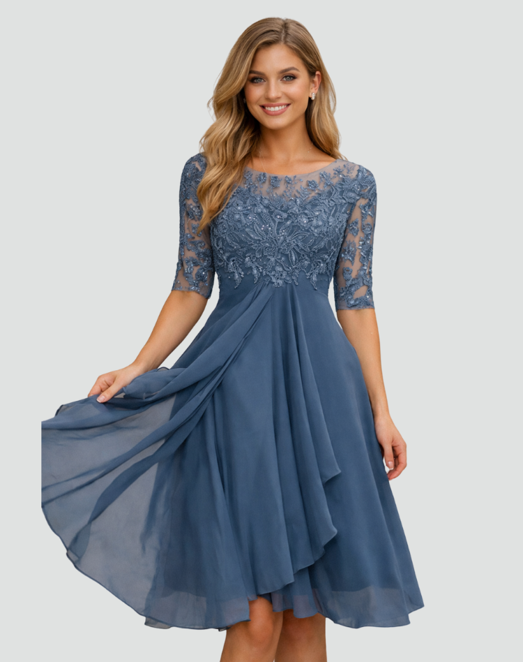 Ruby | Women's Lace Midi Party Dress Three-Quarter Sleeve Tulle Skirt