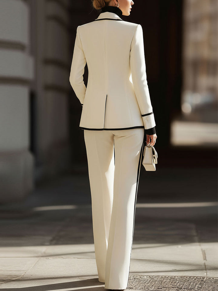 White Double-Breasted Suit Set | Black Contrast Trim | Tailored Power Look | Modern Elegance
