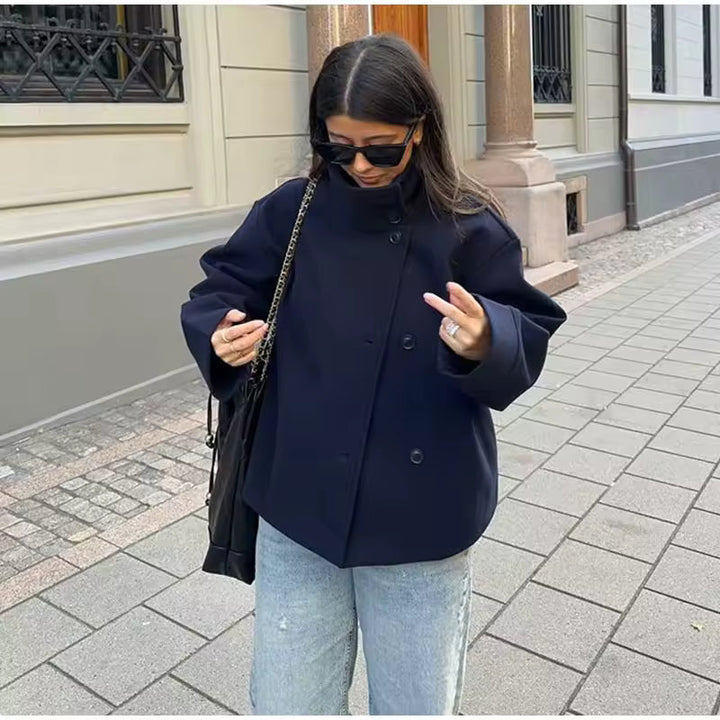 Women’s High Collar Short Jacket – Asymmetric Button Layer for Smart Casual Wear