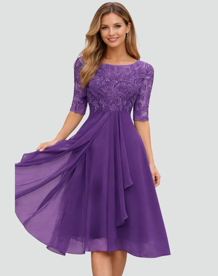 Ruby | Women's Lace Midi Party Dress Three-Quarter Sleeve Tulle Skirt