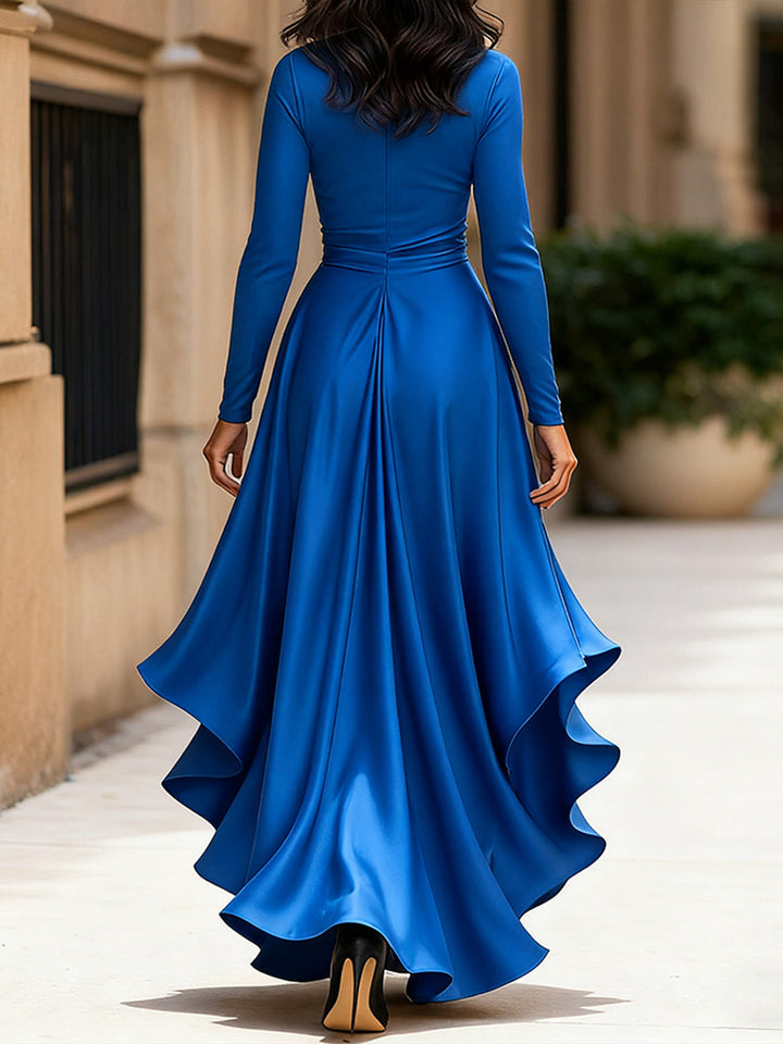 Midnight Blue Satin Maxi Dress | Draped Wrap Style | Ruffle Hem | Elegant Evening Look