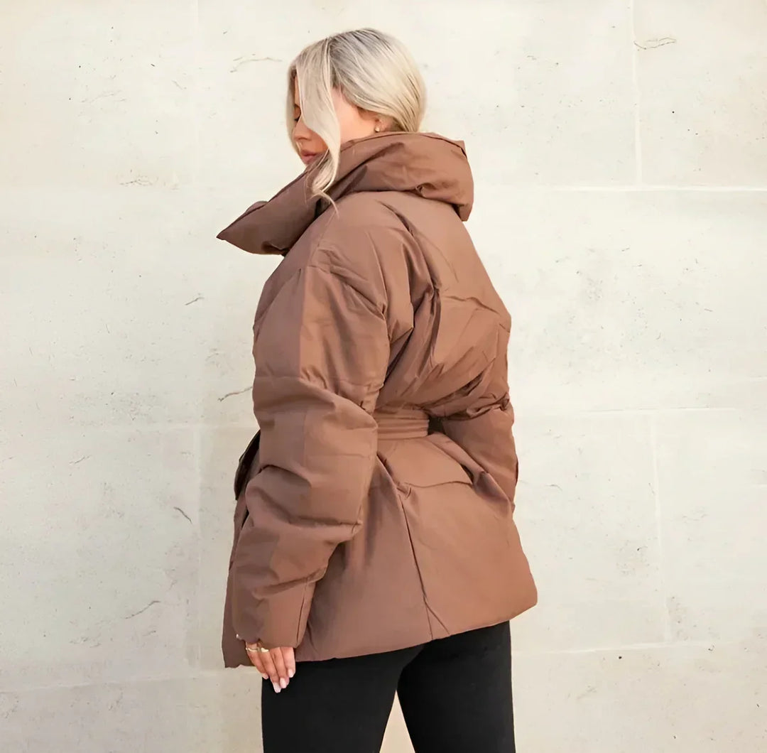 Women’s Belted Puffer Jacket – Oversized Collar Winter Layer for Cold Weather