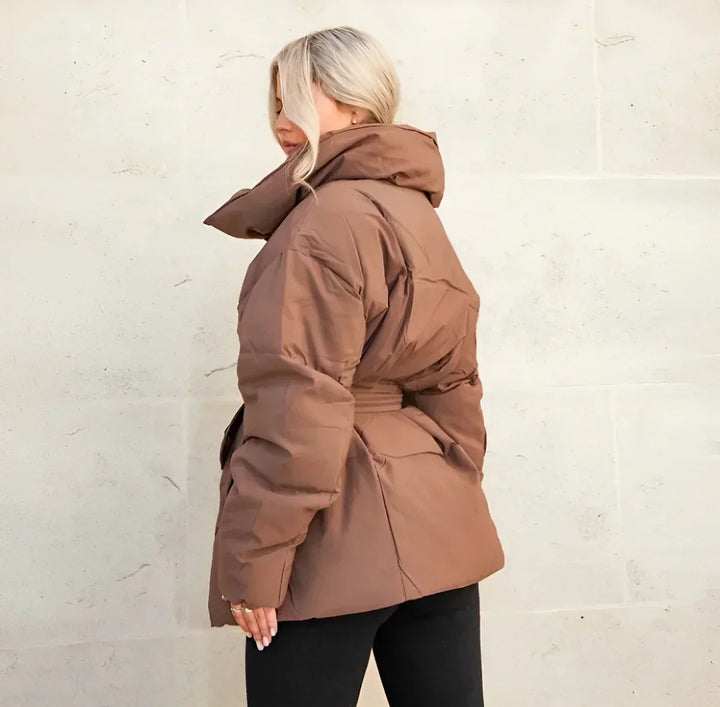 Women’s Belted Puffer Jacket – Oversized Collar Winter Layer for Cold Weather