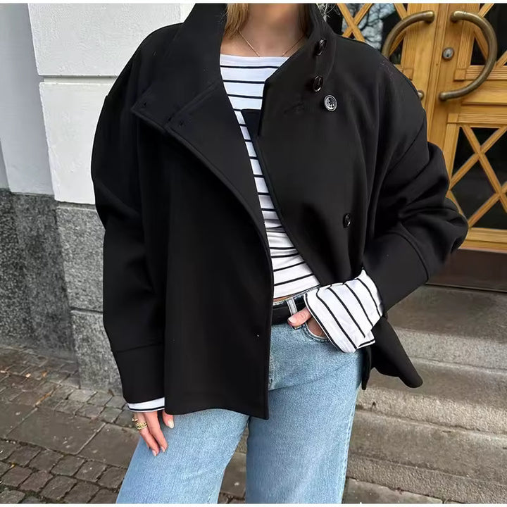 Women’s High Collar Short Jacket – Asymmetric Button Layer for Smart Casual Wear