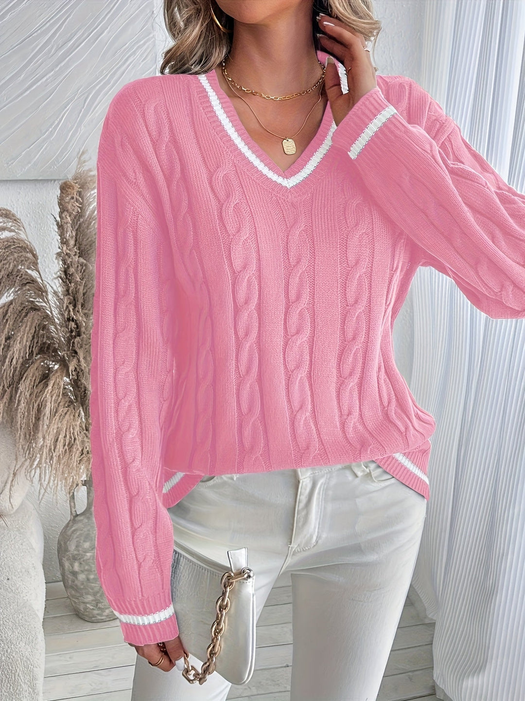 Kunigunde | Women's Cable Knit V-Neck Jumper Contrast Trim