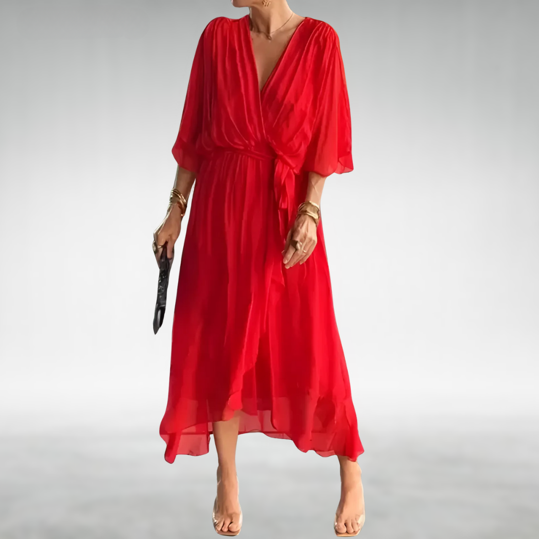 Nell | Women's Wrap Maxi Dress V-Neck Wide Sleeves Asymmetric Hem