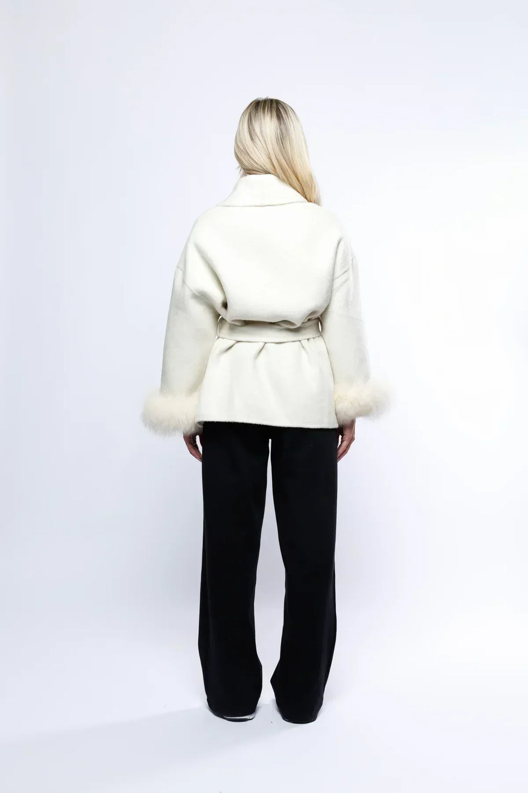 Women’s Belted Wrap Jacket – Faux Fur Cuff Layer for Smart Casual Wear