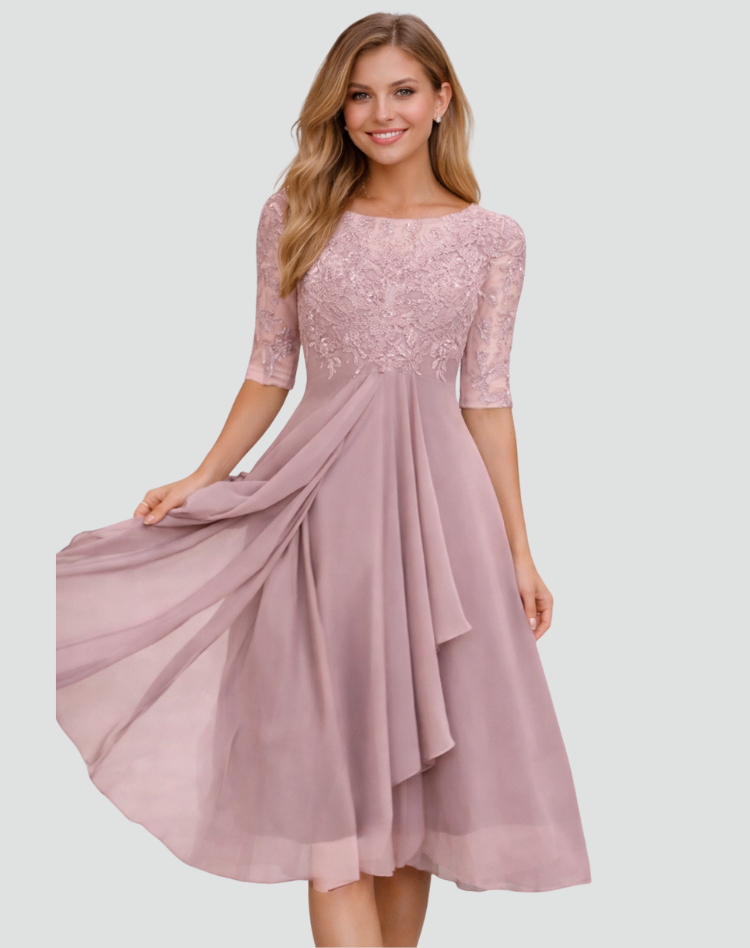 Ruby | Women's Lace Midi Party Dress Three-Quarter Sleeve Tulle Skirt
