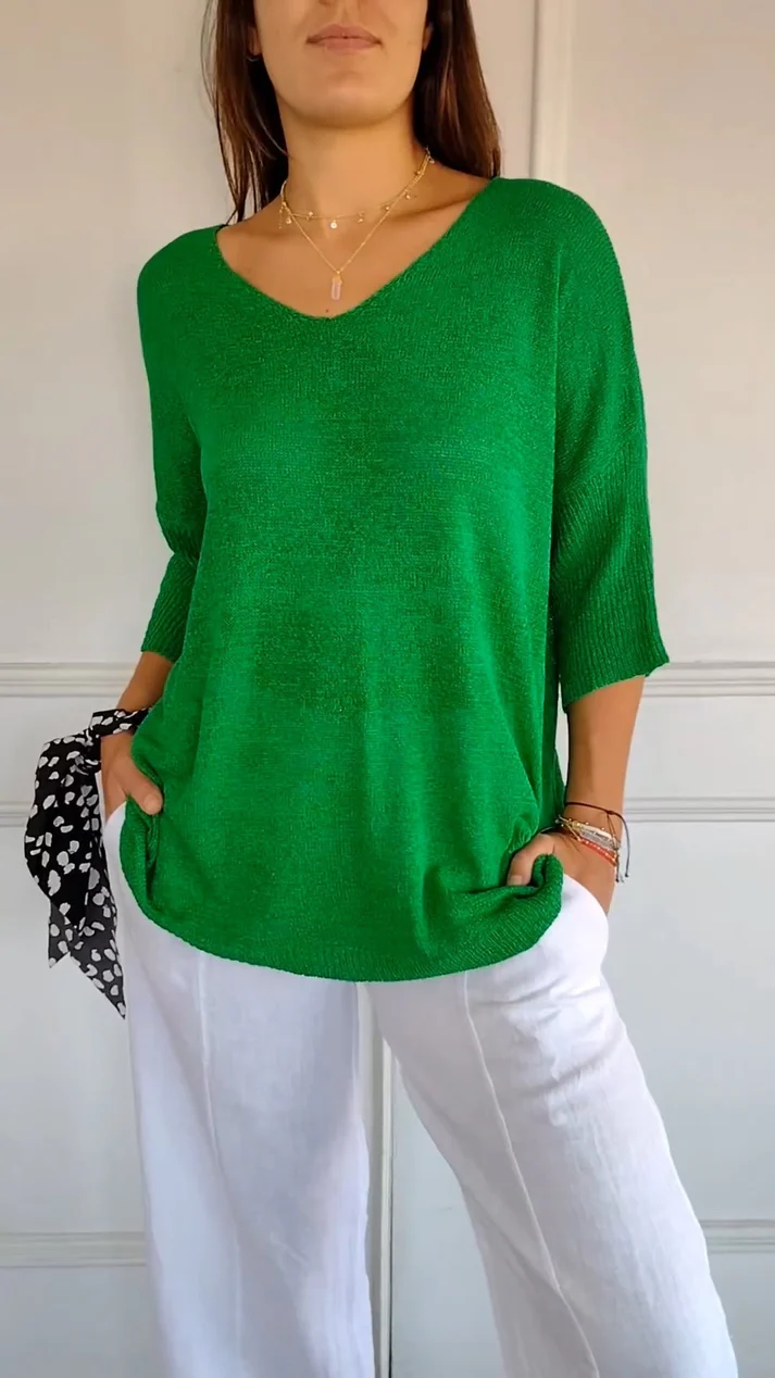 Ophelia | Women's V-Neck Blouse 3/4 Sleeve Relaxed Fit Curved Hem