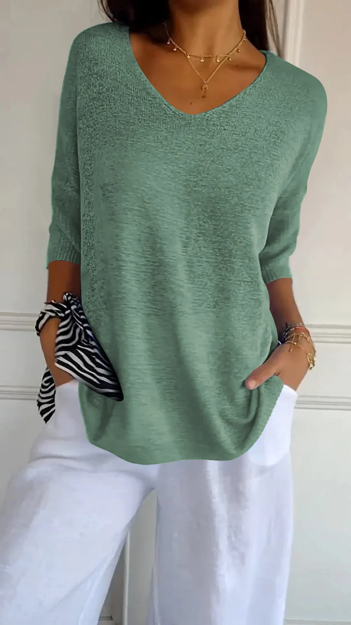 Ophelia | Women's V-Neck Blouse 3/4 Sleeve Relaxed Fit Curved Hem