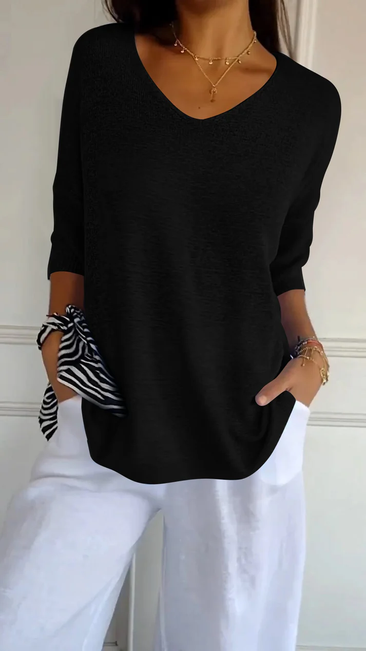 Ophelia | Women's V-Neck Blouse 3/4 Sleeve Relaxed Fit Curved Hem