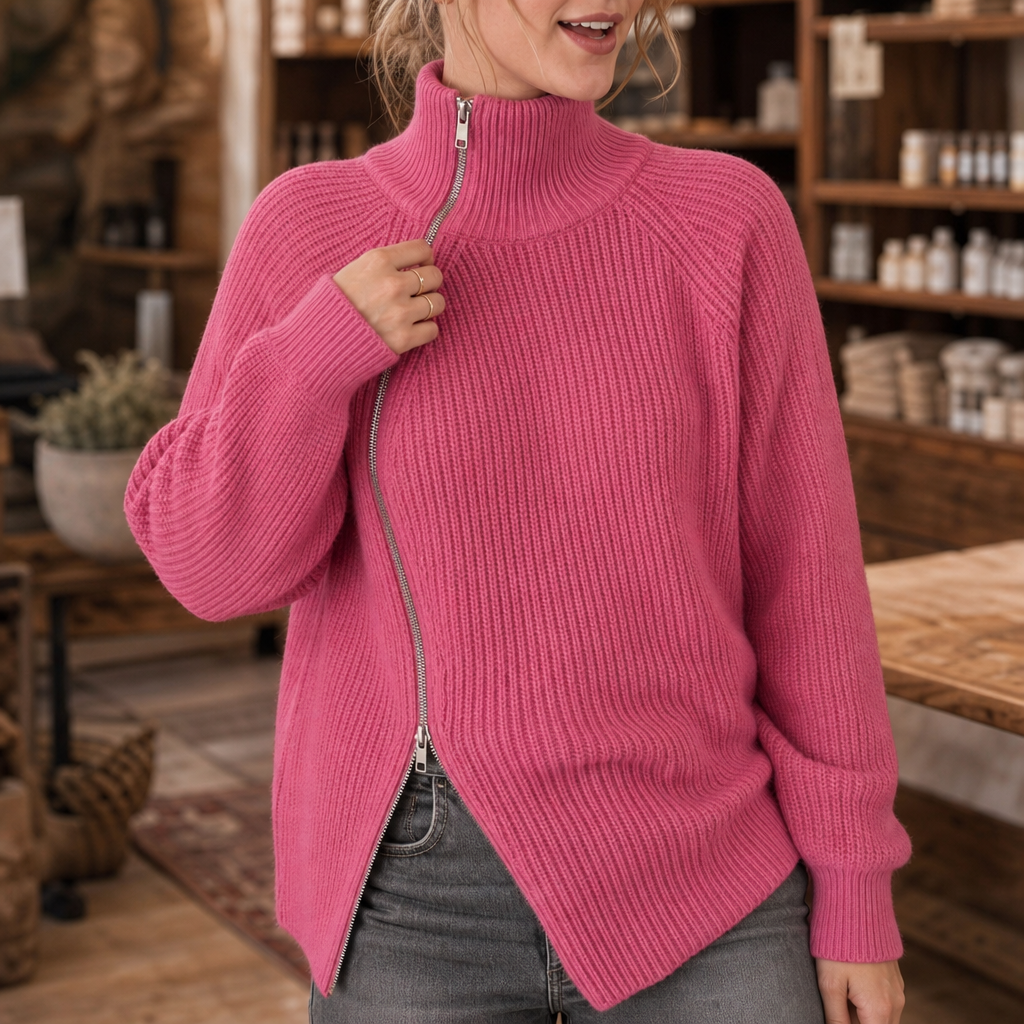 Amelia | Women's Knitted Jumper Asymmetric Diagonal Zip Neckline