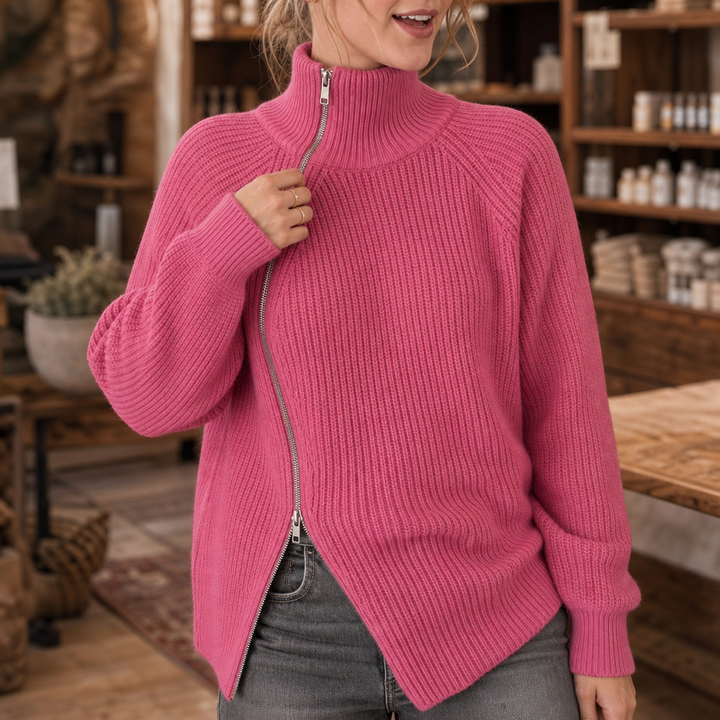 Amelia | Women's Knitted Jumper Asymmetric Diagonal Zip Neckline