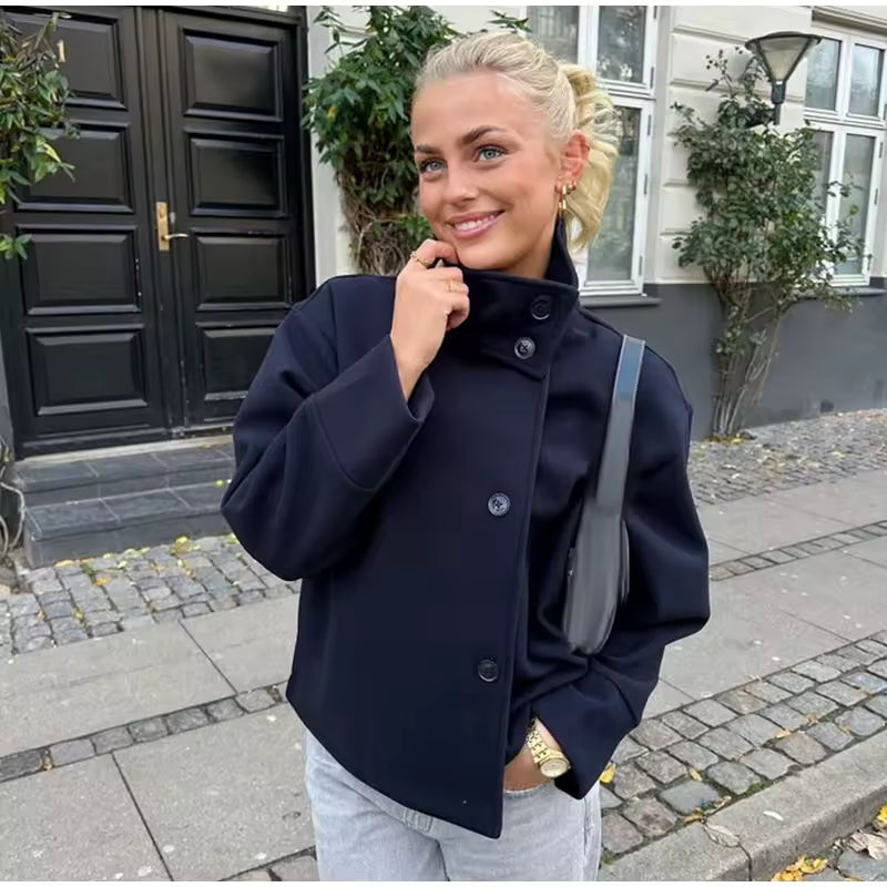 Women’s High Collar Short Jacket – Asymmetric Button Layer for Smart Casual Wear