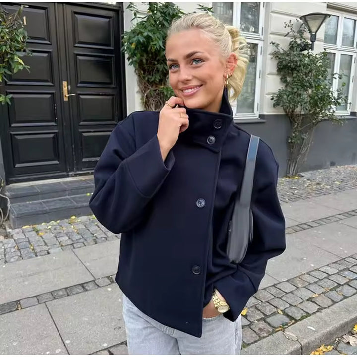 Women’s High Collar Short Jacket – Asymmetric Button Layer for Smart Casual Wear