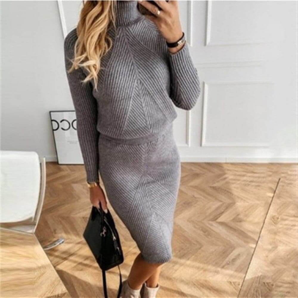 Emmeline | Women's Ribbed Knit Roll Neck Midi Jumper Dress Long Sleeve