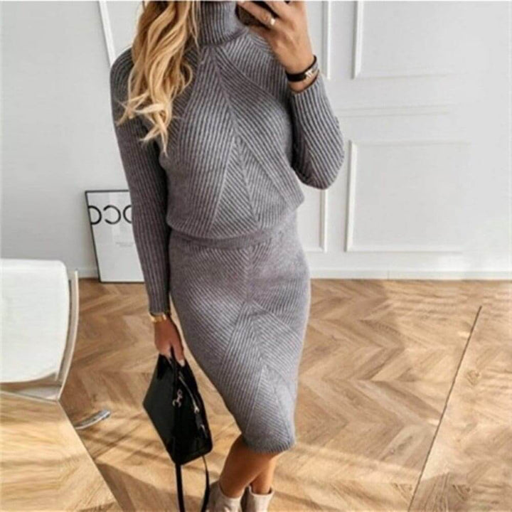 Emmeline | Women's Ribbed Knit Roll Neck Midi Jumper Dress Long Sleeve