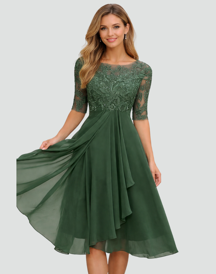 Ruby | Women's Lace Midi Party Dress Three-Quarter Sleeve Tulle Skirt