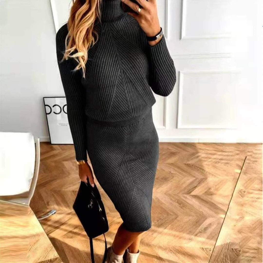 Emmeline | Women's Ribbed Knit Roll Neck Midi Jumper Dress Long Sleeve