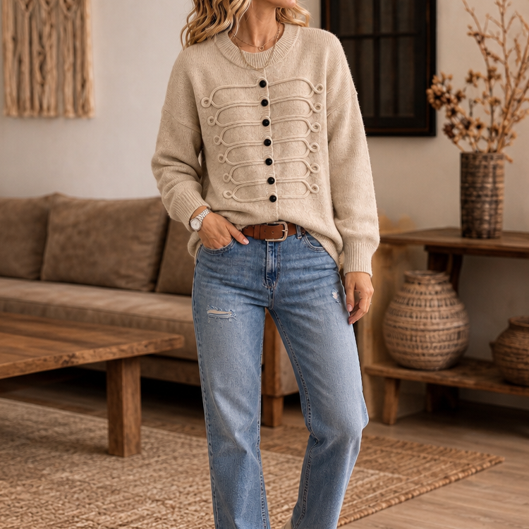 Clara | Women's Wool Knitted Jumper Braided Cord & Button Details
