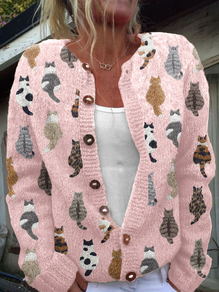 Charlotte | Women's Cat Motif Knitted Cardigan Button-Up Long Sleeve