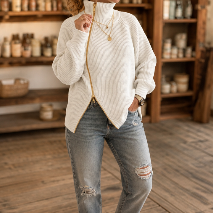 Amelia | Women's Knitted Jumper Asymmetric Diagonal Zip Neckline
