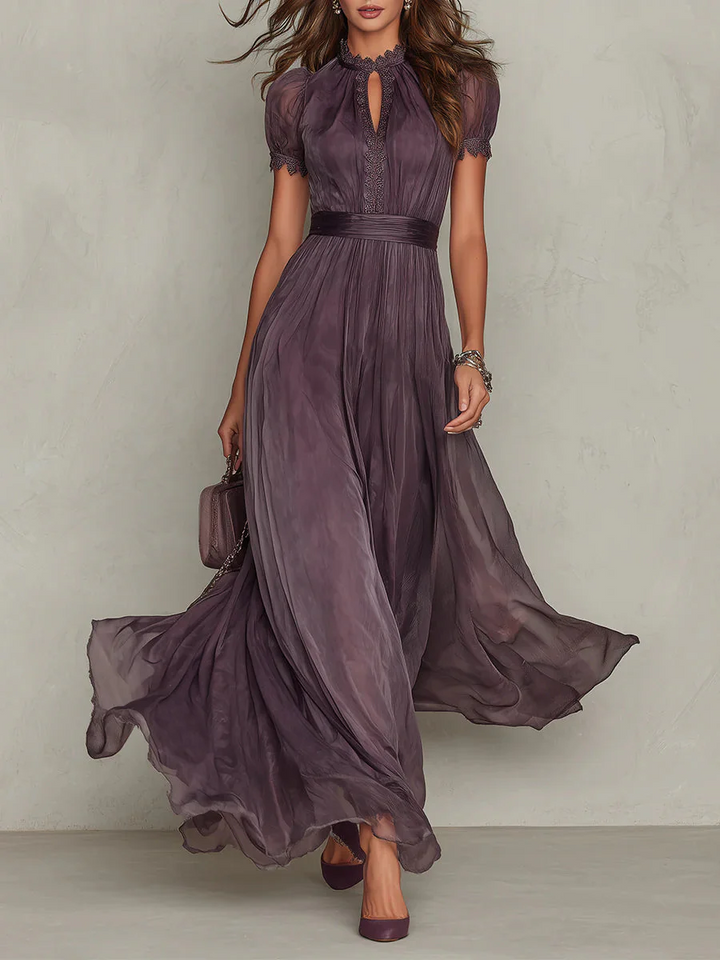 Adeline | Women's High Neck Pleated Maxi Dress Puff Sleeves Fitted Waist