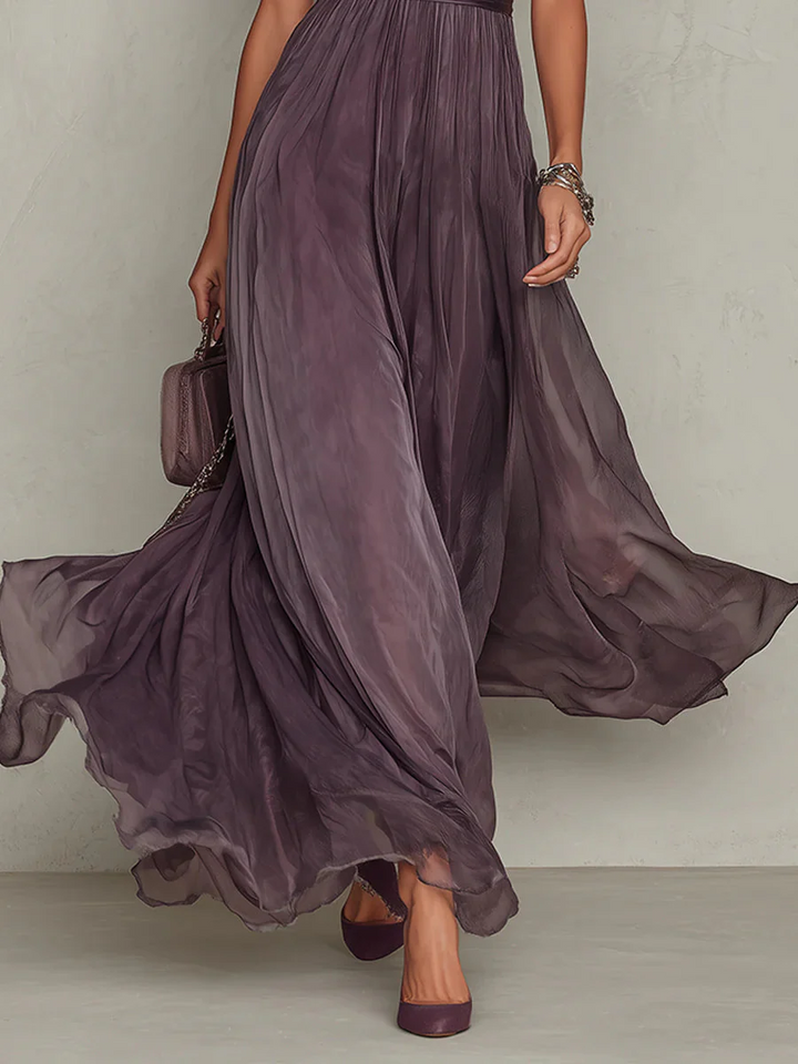 Adeline | Women's High Neck Pleated Maxi Dress Puff Sleeves Fitted Waist